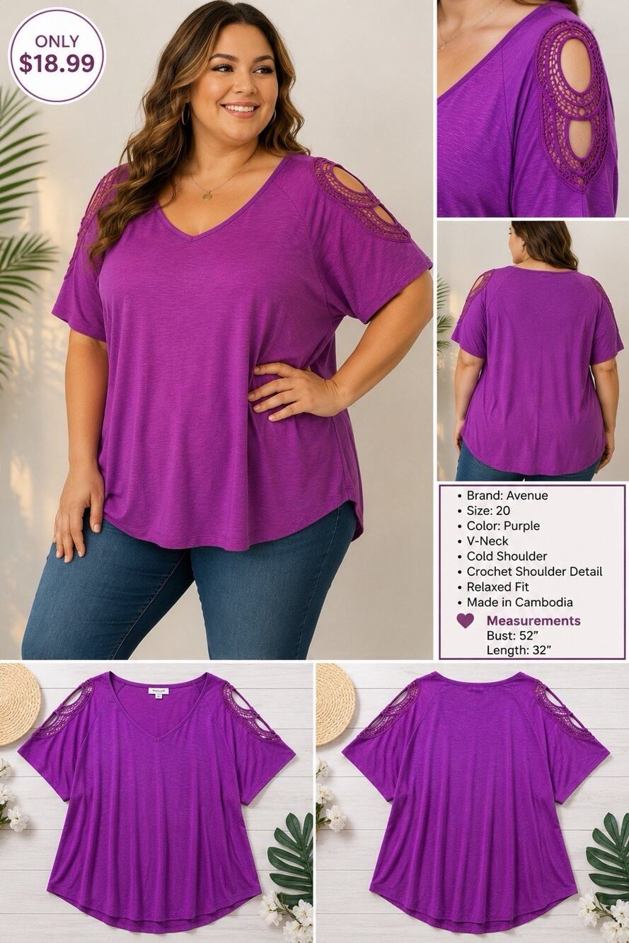 Avenue Women’s Plus Size 20 Cold Shoulder Crochet V Neck Top Plus Size Boho EUC